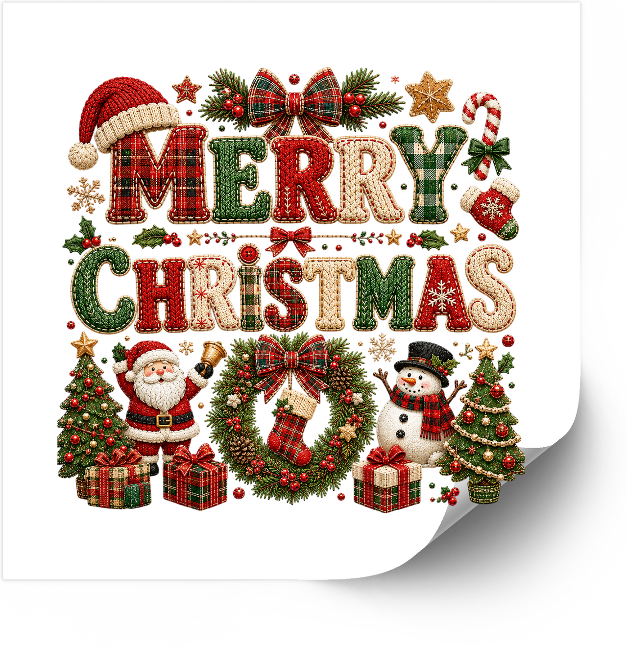Merry Christmas Knit Sticker | Cozy Plaid Holiday Vinyl Decal | Festive Christmas Gift