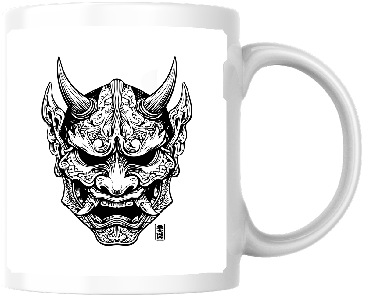 Japanese Hannya Demon Mask Mug | Black & White Oni Coffee Mug | Gothic Tattoo Gift