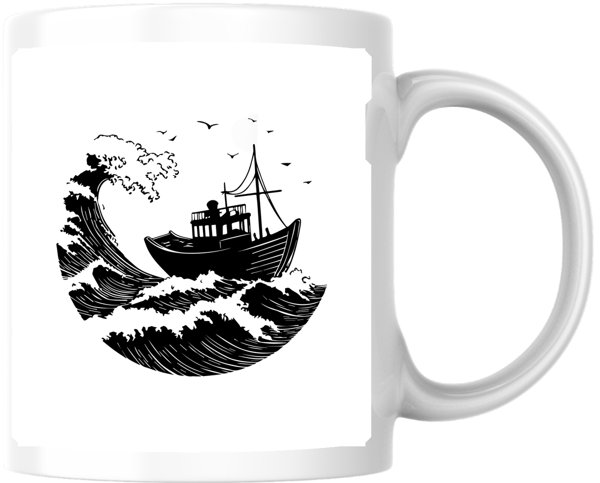 Fishing Boat Ocean Waves Mug | Bold Black Nautical Coffee Mug | Fisherman Sea Gift