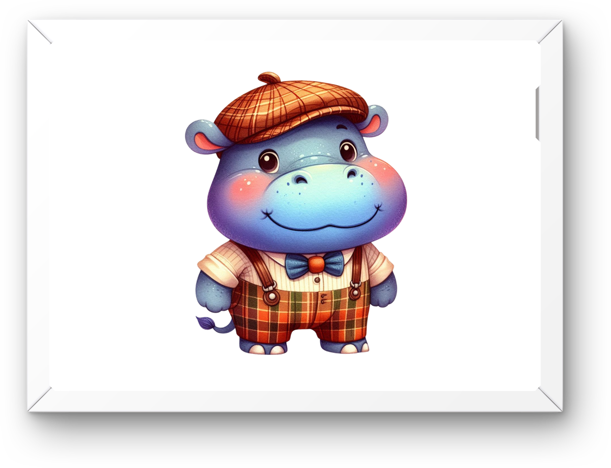 Cute Hippo In Plaid Outfit Wall Art | Adorable Dapper Animal Print | Kids Nursery Gift