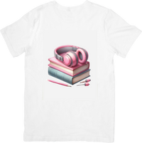 Thumbnail for Pink Headphones & Books T-Shirt | Pastel Bookish Music Graphic Tee | Reader Gift