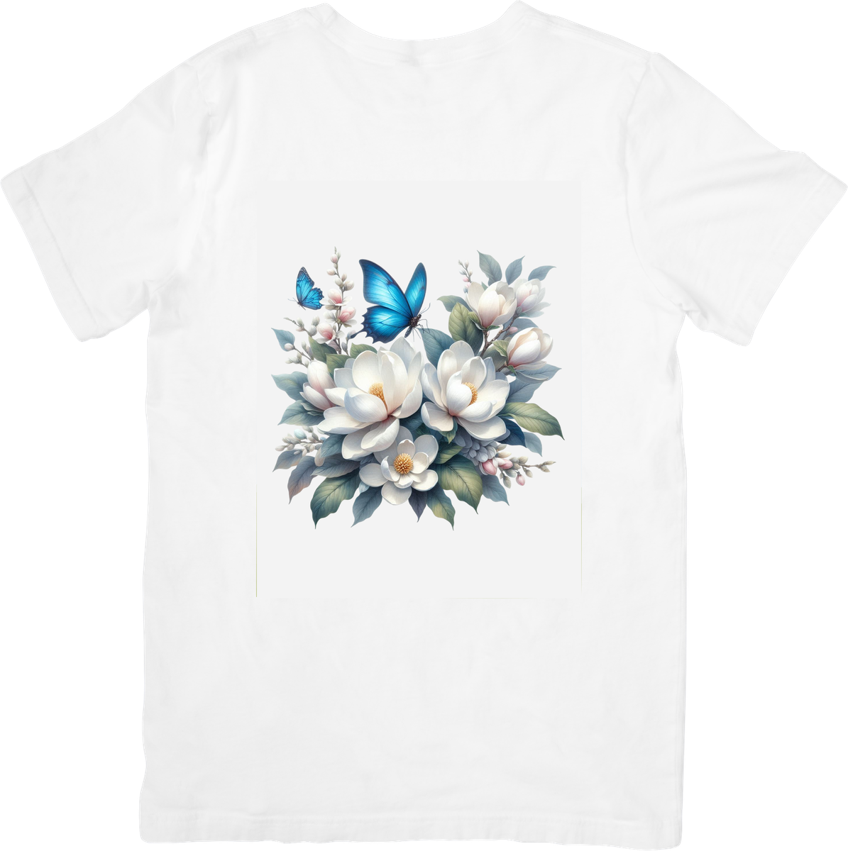 White Magnolia Blue Butterfly T-Shirt | Watercolor Floral Graphic Tee | Spring Nature Gift