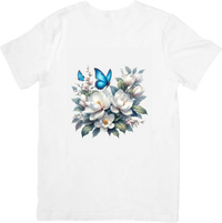 Thumbnail for White Magnolia Blue Butterfly T-Shirt | Watercolor Floral Graphic Tee | Spring Nature Gift